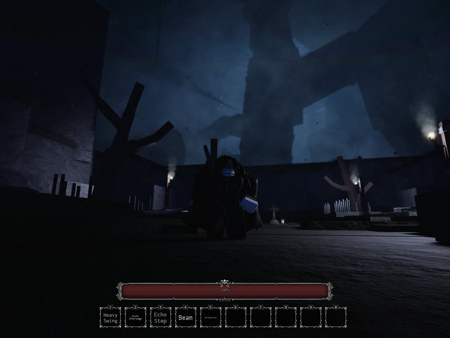 A dark graveyard level in the Roblox game Hollow Veil, with a character in dark clothes, a red health bar and an ability hotbar